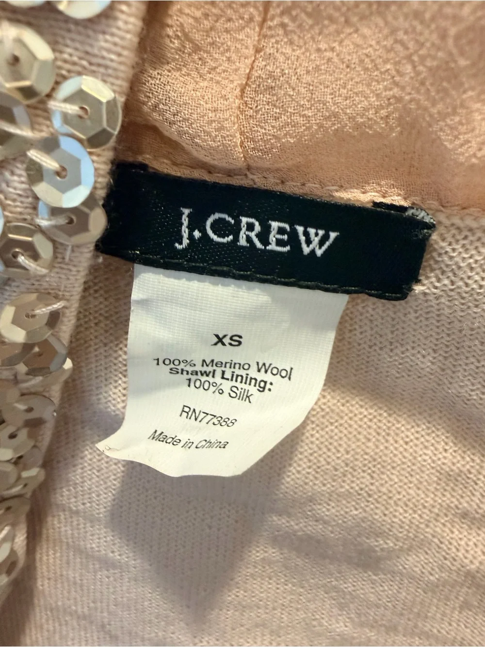 J.Crew XS Blush Merino Wool Champagne Sequin Shawl Collar Cardigan